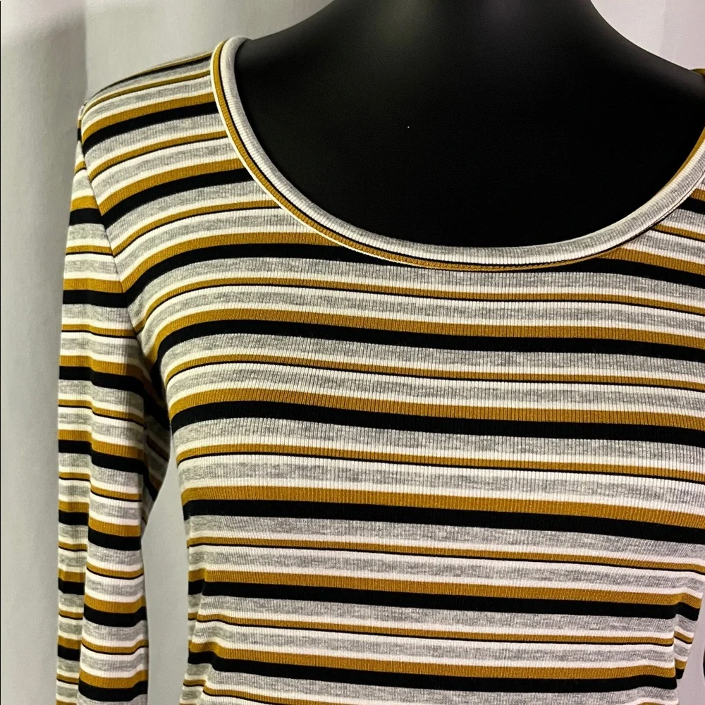 NWT LOFT Mustard Yellow Black & Gray Striped Long Sleeve Round Neck Top